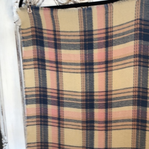 Large Blanket Scarf Tan, Blue, and Pink Plaid - Picture 2 of 4